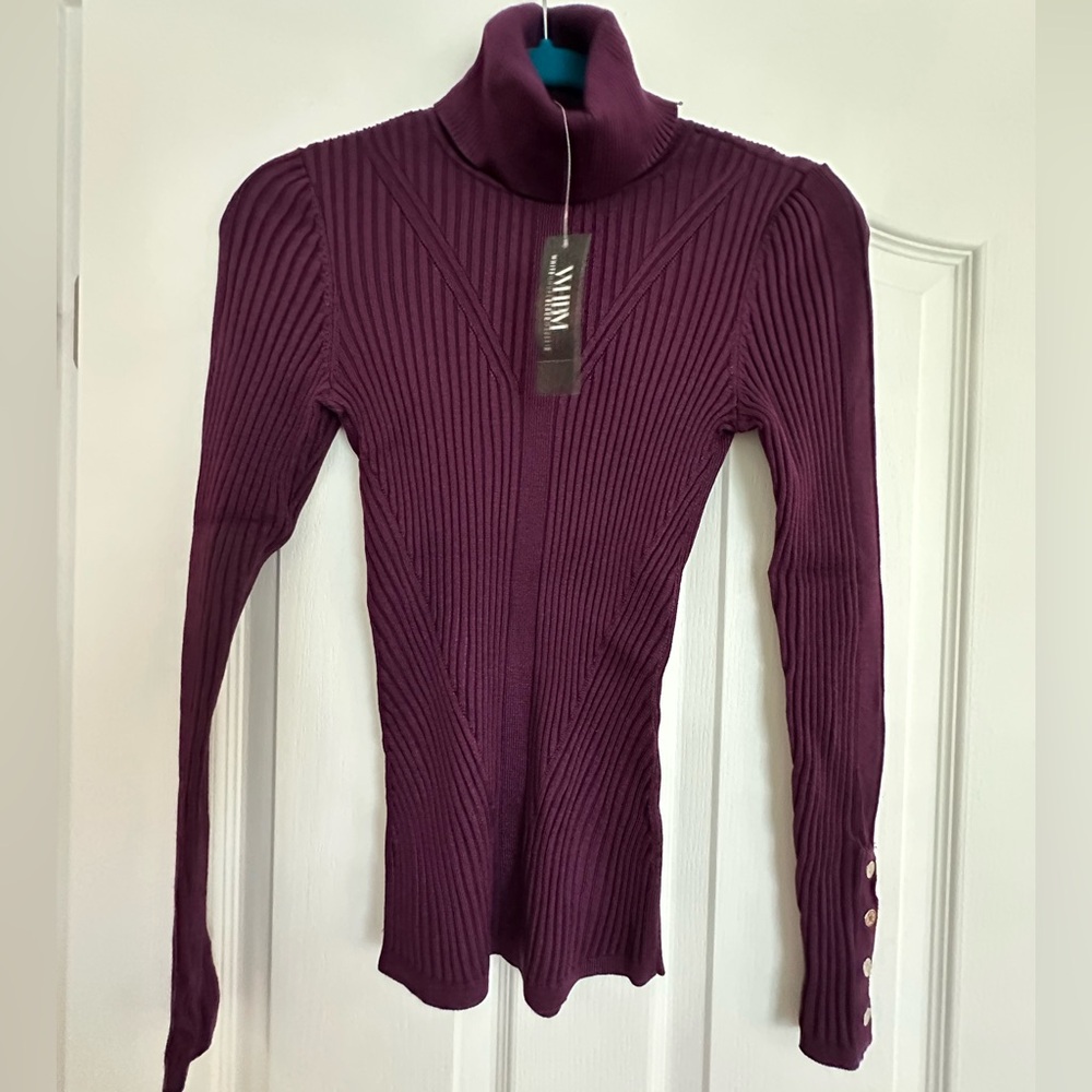 WHBM NWT Plum Noir Ribbed Stretch Turtleneck with button detailing on sleeves!